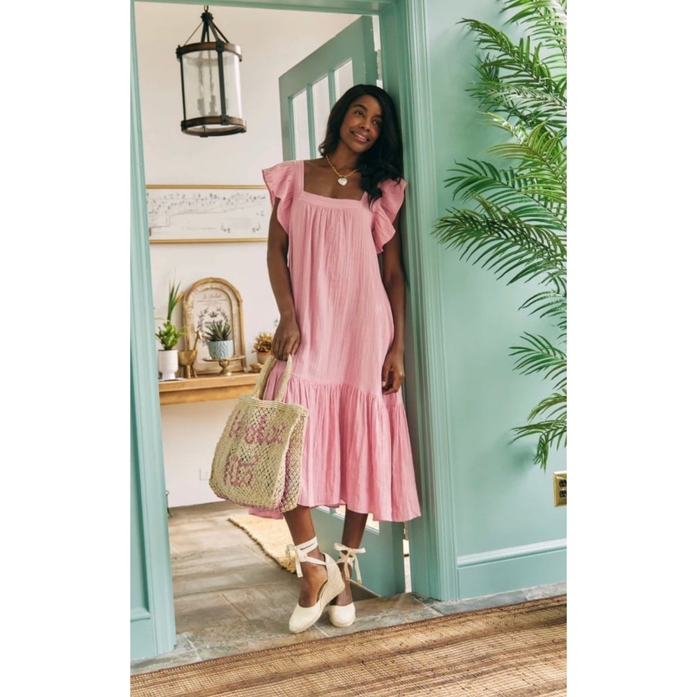 Ophelia & Indigo Flora Dress Womens Large Pink Ruffle Sleeve Tiered Boho Cotton